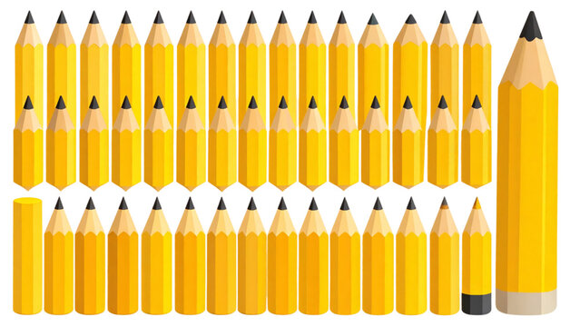 Set of yellow pencil icons showing different lengths from full size to a sharpened stub used for writing drawing and artistic creation concepts