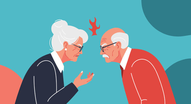 Senior man and woman with glasses stand face to face while having a heated argument with angry expressions on their faces for a conflict scene.