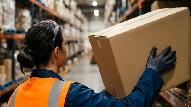 Female Warehouse Worker Lifting Cardboard Box to Place on High Shelf