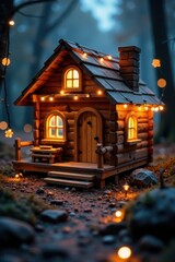 Fototapeta premium Delicate wooden structure surrounded by twinkling lights , mist, foliage