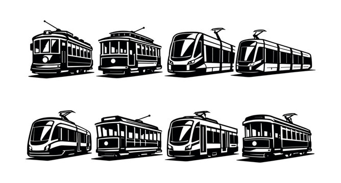 Black and white silhouette urban tram vector set with vintage and modern designs