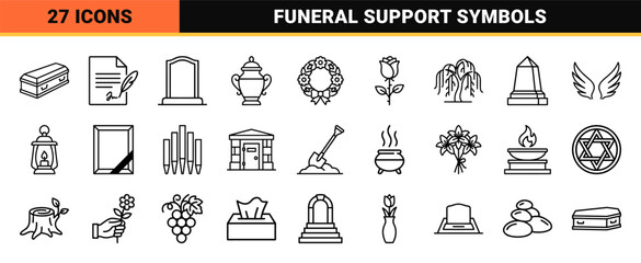 Naklejka premium Funeral Service and Mortuary Line Icons featuring Minimalist Monoline Symbols for Memorial Tributes and Bereavement Support Graphics.