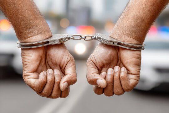 A close-up shot of male hands in handcuffs, with police car lights blurred in the background, symbolizing law enforcement, justice, and arrest situations in urban settings.