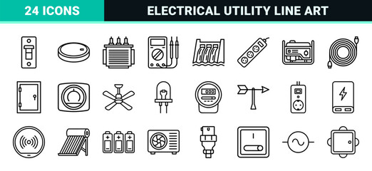 Fototapeta premium Electricity Utility and Renewable Energy Monoline Symbol Set featuring Technical Linear Minimalism for Industrial Power Engineering Documentation