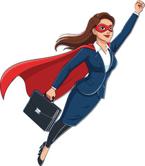 Businesswoman superhero flying with briefcase wearing suit, mask and red cape powerful corporate leader concept female entrepreneur success motivation vector illustration isolated © MdHarunur