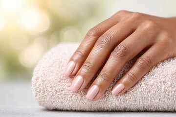 Naklejka premium A close-up studio shot of a woman's hand with elegant pink manicure resting on a soft towel with a blurred bokeh background creating a spa-like atmosphere.