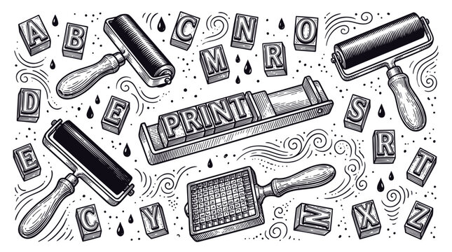 Vintage Woodcut Printmaking Tools and Letterpress Type Blocks Vector Illustration