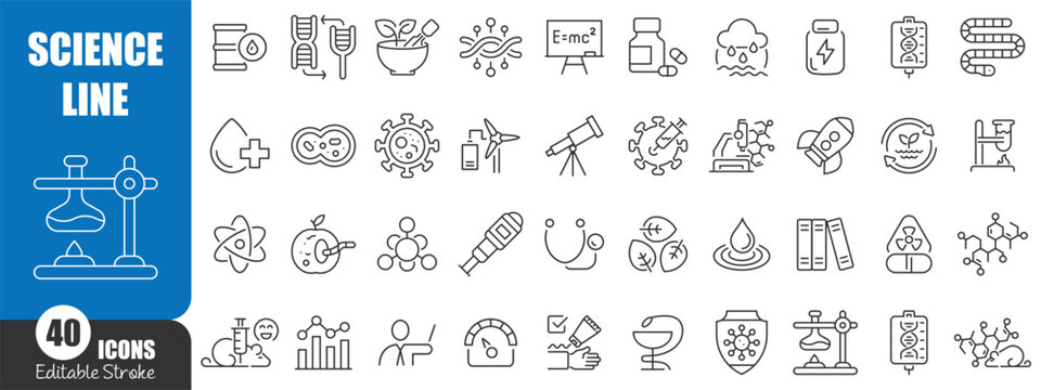 Science Line Icons Set,  Medical, Laboratory, Research and Technology Outline Vector Collection