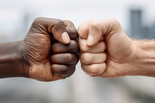 Diverse hands bump fists in a show of solidarity, friendship, and partnership, symbolizing unity and connection between people of different backgrounds and cultures.