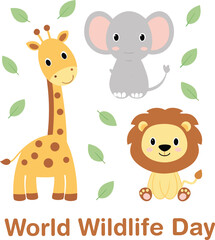 Obraz premium Cartoon animals celebrate world wildlife day with a giraffe elephant and lion