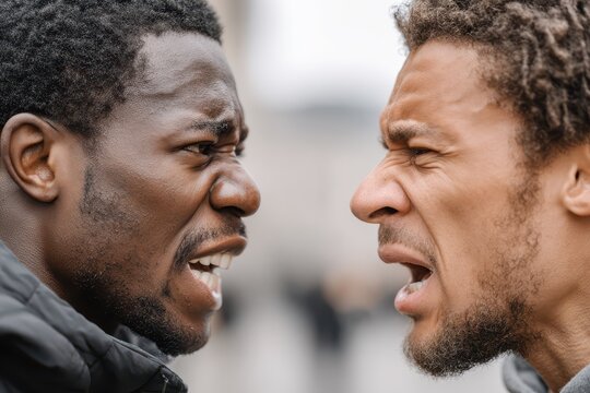 A dramatic close-up capturing two men of diverse ethnic backgrounds locked in a heated argument, showcasing intense emotions and interpersonal conflict during the quarrel.