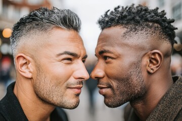 Fototapeta premium Intimate portrait of two men gazing into each other's eyes with urban background, showcasing diversity and connection, emphasizing friendship and modern masculinity.