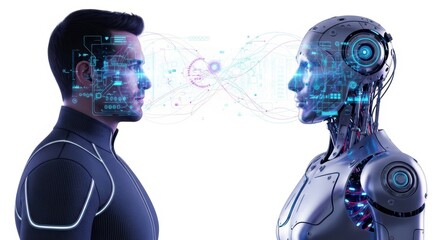 Fototapeta premium Conceptual digital interface illustrating advanced cognitive data exchange between human intellect and artificial intelligence, symbolizing a future of technological synergy and smart communication