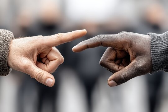A close-up of two hands of different skin tones reaching out to touch each other, representing diversity, unity, and connection in a global world, equality shown.
