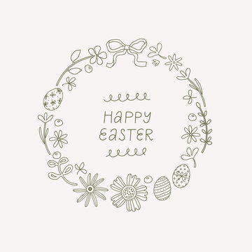 Easter wreath. Spring rounded composition with eggs, spring flowers and branches. 