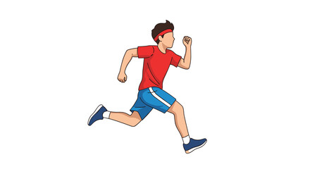 Obraz premium Athletic young man in a red shirt and blue shorts running fast during his daily workout or sports competition.
