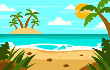 Obraz premium Tropical beach landscape with palm trees and island at sunny day vector. Summer vacation background with sand and blue sea.