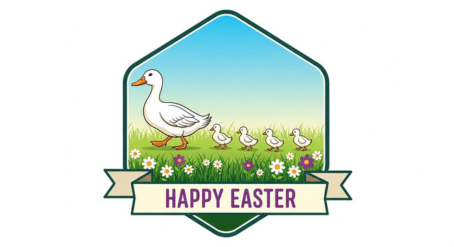 A happy easter graphic with a goose and goslings