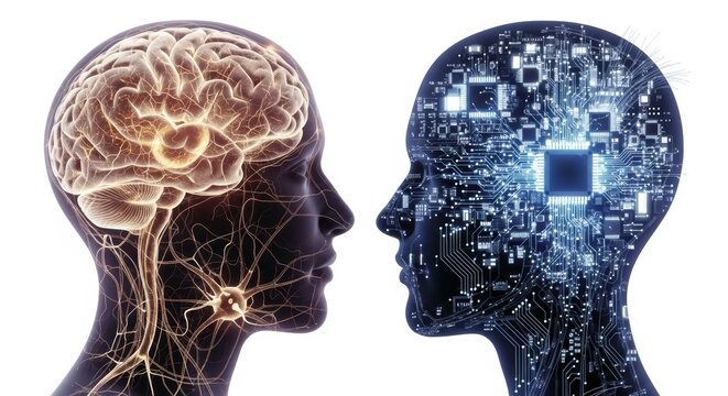 Artificial intelligence versus human brain comparison, showing a human head profile next to a robot head profile on a white background with a stylized digital brain