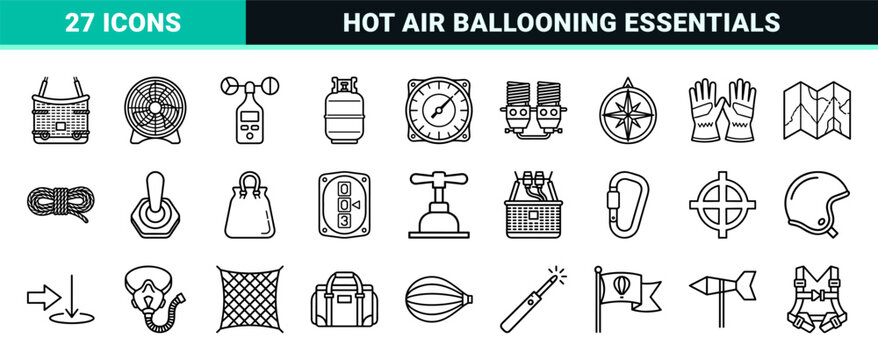 Aeronautical Hot Air Ballooning Line Art Symbols for Flight Navigation and Leisure Travel Design, Professional Minimalist Monoline Aesthetic