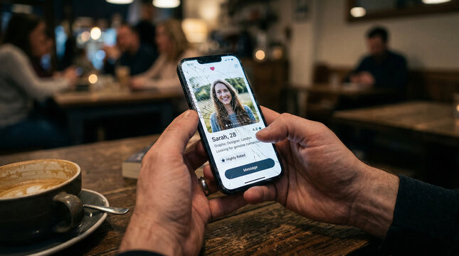 Person holding a smartphone with a dating app profile displayed, in a coffee shop setting
