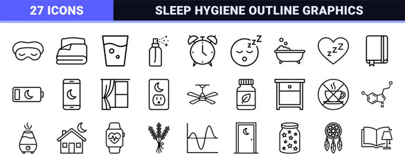 Fototapeta na wymiar Circadian Rhythm and Sleep Hygiene Monoline Symbols for Wellness Apps and Medical Interface Design featuring Minimalist Black Outlines