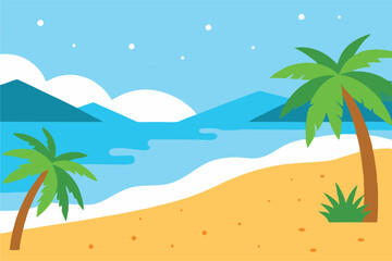 Fototapeta premium Tropical beach landscape with palm trees at night vector. Summer vacation background with sand, sea, and starry sky.