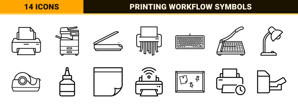 Professional Office Hardware and Printing Workflow Line Icons featuring Technical Monoline Aesthetic for Document Management Systems.