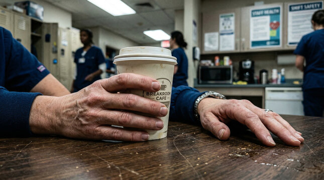 Authentic close-up capturing a healthcare professional's much-needed coffee break, a quiet moment of reflection and temporary respite from demanding hospital duties