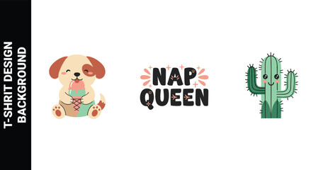 Fototapeta premium Cute puppy with ice cream, nap queen text, and happy cactus