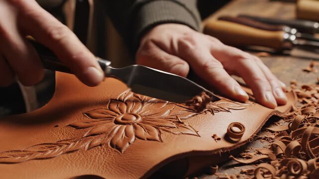 Leather carving craft hand knife flower workshop artisan detail tool handmade floral pattern wood engraving emboss texture woodworking curl shaving intricate design natural material decorative
