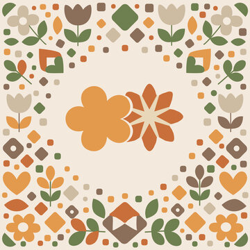 北欧風花と幾何学のナチュラルフレームパターン背景（オレンジ&times;アイボリー）：温かみのあるカラーとシンプルな花モチーフが調和したデザイン。ファブリック、キッチンクロス、雑貨、パッケージ、文具など幅広く使えるおしゃれな背景素材。