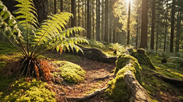 Forest moss fern sunlight on green woodland floor, tree trunk and root landscape in peaceful wild wilderness scene, soft warm glow over forest floor with rhea in tranquil woodland wilderness