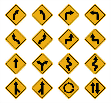 Yellow diamond traffic warning signs vector set. Collection of road curve, winding road, and junction icons for safety design
