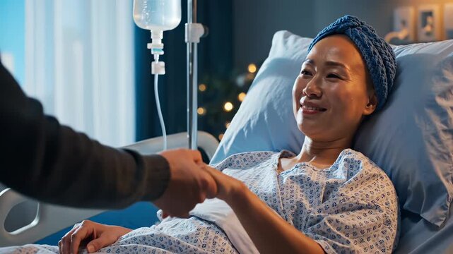 Patient smiles receiving cancer support from visitor in hospital bed. Woman with headscarf holds hand during treatment. Patient gets support in hospital. Cancer care with visitor holding hand warmly.