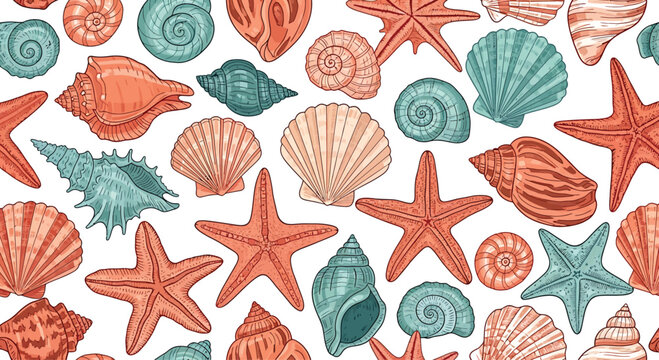 Sea Shells and Starfish Pattern on White Background