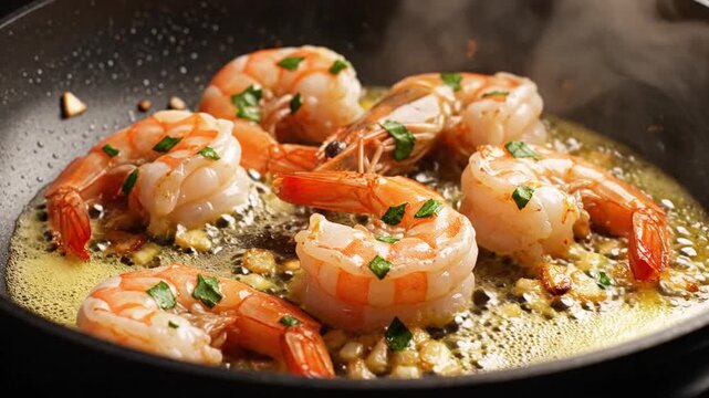 Delicious Shrimp Sizzling in a Pan with Garlic and Herbs.