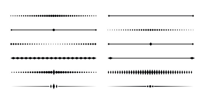 Decorative divider line set. Minimal geometric separator collection. Modern ornamental border lines. Elegant dot and diamond divider elements.