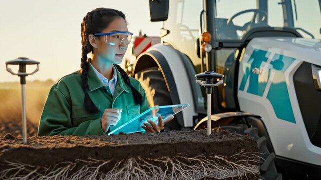 Woman farmer uses holographic tablet analyzing soil near tractor. Agricultural scientist examines soil with digital technology. Farmer checks soil data on tablet. Woman analyzes field soil.
