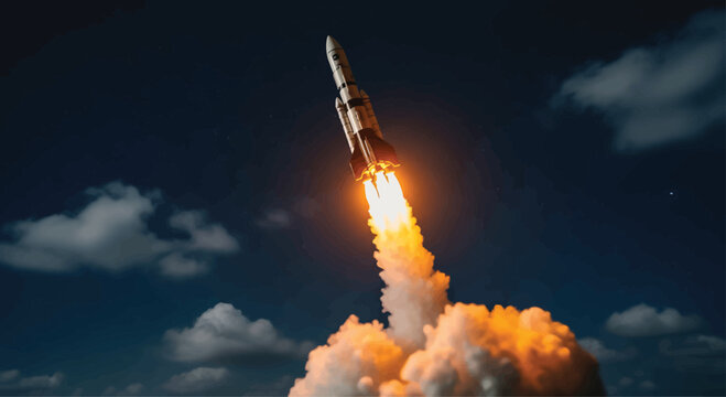 Rocket Launching into Dark Blue Sky with Clouds