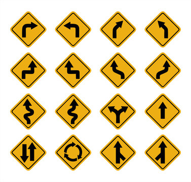 Yellow diamond traffic warning signs vector set. Collection of road curve, intersection, and junction icons for safety design.