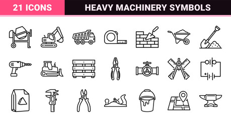 Fototapeta premium Construction Engineering and Industrial Development Monoline Symbols. Minimalist Outline Icons for Civil Works, Machinery, and Safety Equipment.