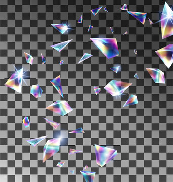 Abstract holographic iridescent prism shards and crystal fragments flying and scattering transparent  background, rainbow lens for digital overlay vector illustration