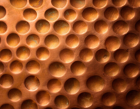 Surface en cuivre martel&eacute; en gros plan montrant un motif r&eacute;gulier de fossettes du travail traditionnel du m&eacute;tal, texture orange-dor&eacute;e avec patine vieillie
