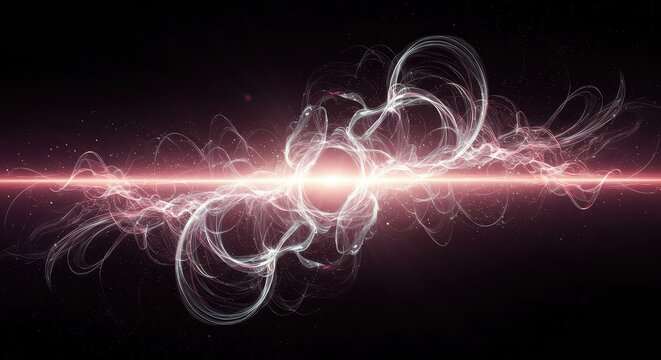 Dynamic visual representation of quantum wave-particle duality featuring energetic merging forms and abstract scientific concepts, pattern, particle, scientific