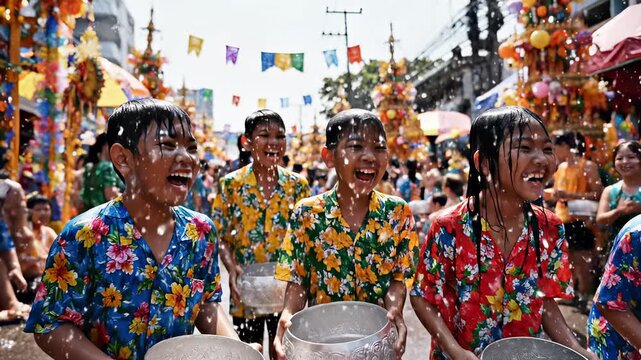 Joyful asian child boy and girl kid water festival street celebration with colorful floral shirt and metal bucket silver bowl splash Thai culture summer holiday festive crowd traditional ritual fun