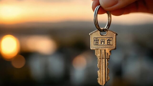 Key to Home Ownership: A hand gracefully presents a gleaming key, a symbol of new beginnings and the realization of homeownership, with a blurred backdrop of an idyllic townscape.