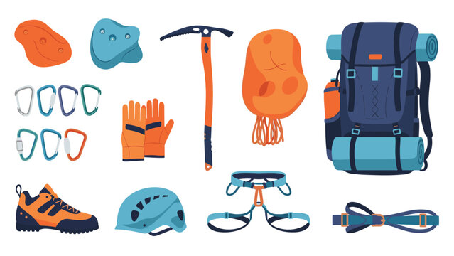 Array of rock climbing gear displayed on a white background including carabiners, harness, specialized shoes, chalk bag, ice axe, and backpack.