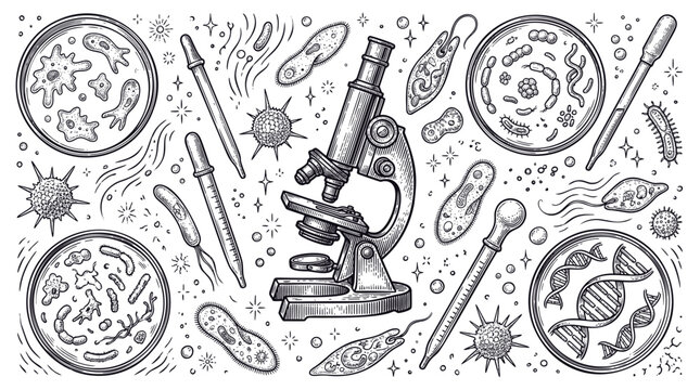 Vintage Hand Drawn Scientific Laboratory Set with Microscope, Petri Dishes, Bacteria, Viruses, and DNA Helix Engraving Style Vector Illustration