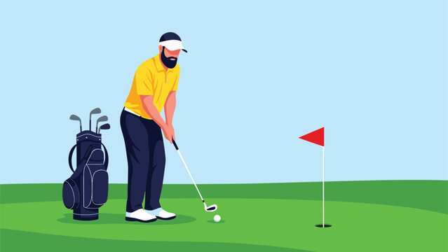 Male golfer in a yellow shirt prepares to putt a ball into the hole on a green field next to his bag of clubs during a professional sport match.